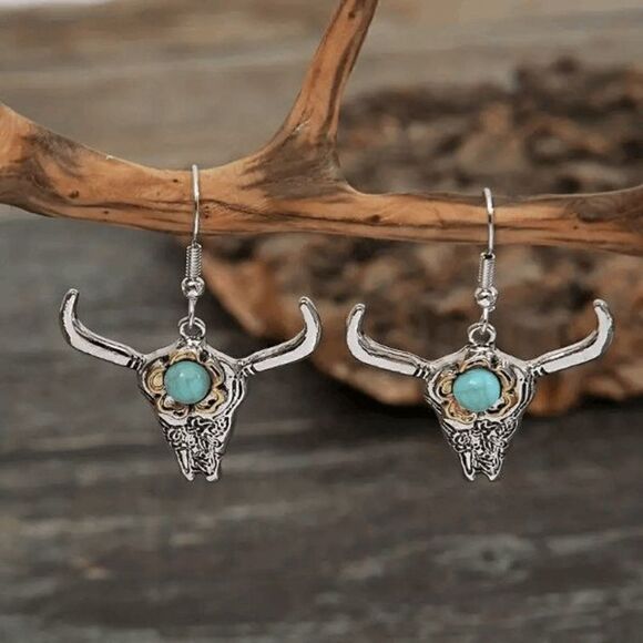 Western Cowboy Turquoise Longhorn Bull Steer Head Dangle Earrings - Picture 2 of 5